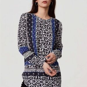 LOFT Navy and White Abstract Print Button Front Top